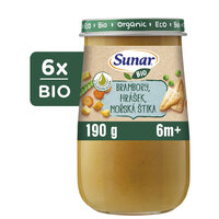 SUNAR BIO Príkrm zemiaky, hrášok, morská šťuka, olivový olej 6m+, 6x190g