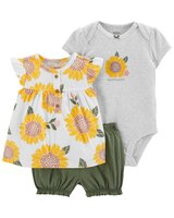 CARTER'S Set 3dielny body kr. rukáv, tričko kr. rukáv, kraťasy Grey Sunflower dievča 3m