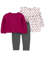 CARTER'S Set 3dielny sveter, legíny, tričko dl. rukáv Flora Purple dievča 12m