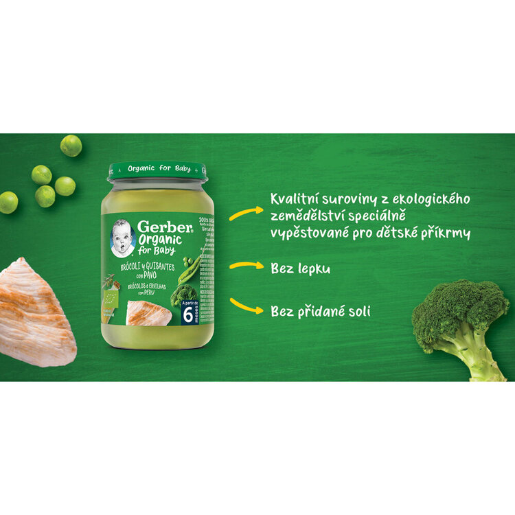 6x GERBER Organic detský príkrm brokolica s hráškom a morčacím mäsom 190 g