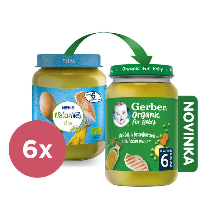 6x GERBER Organic detský príkrm hrášok so zemiakmi a kuracím mäsom 190 g​