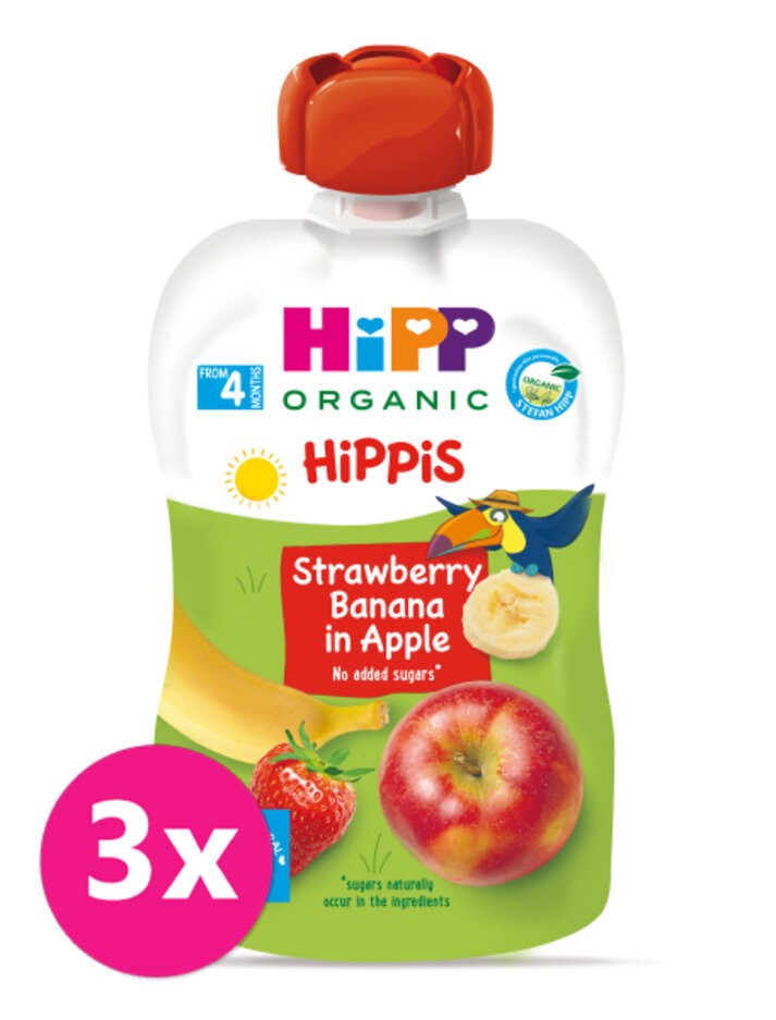 3x HiPP Príkrm ovocnýis BIO 100% ovocia jablko, banán, jahoda 100g
