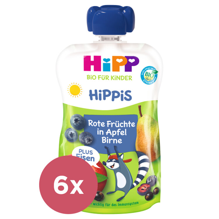 6x HIPP BIO HiPPiS Jablko-Hruška-Červené ovocie + železo 100 g, od 1 roka