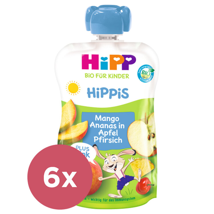 6x HiPP BIO Jablko-Broskyňa-Mango-Ananás + zinok 100 g, od 1 roka