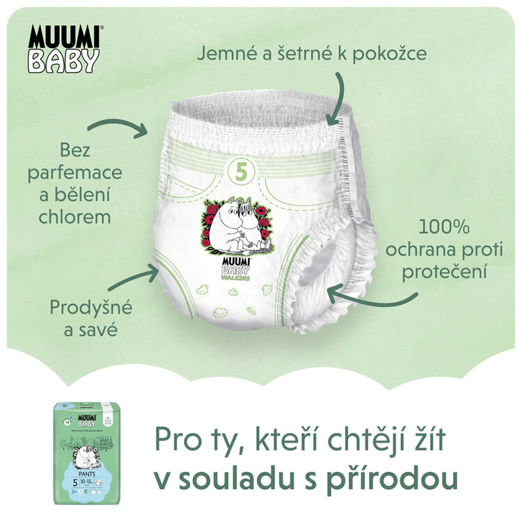MUUMI Baby Pants 5 Maxi+ 10-15 kg (114 ks), mesačné balenie nohavičkových eko plienok