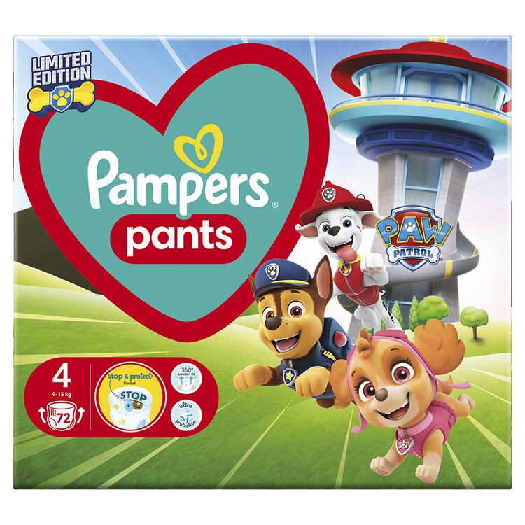 PAMPERS Plienky nohavičkové Active Baby Pants Paw Patrol veľ. 4 (9-15 kg) 72 ks