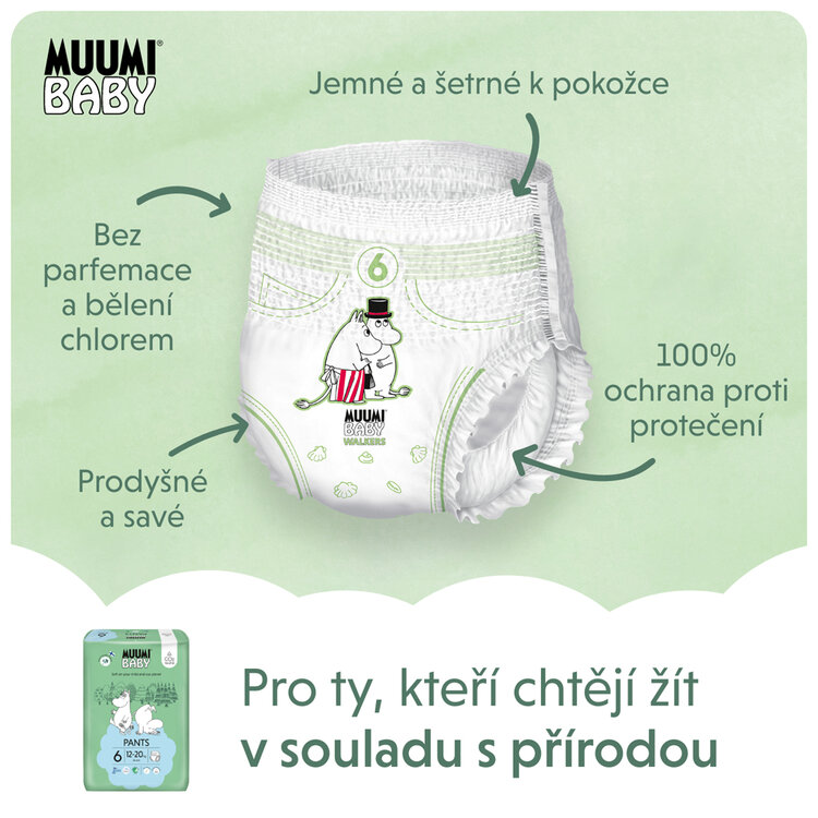 MUUMI Baby Pants 6 Junior 12-20 kg (108 ks), mesačné balenie nohavičkových eko plienok