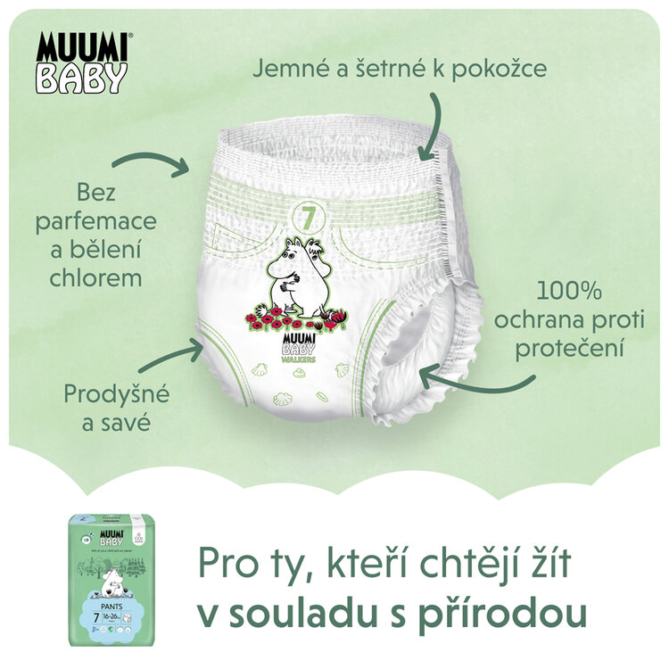 MUUMI Baby Pants 7 XL 16-26 kg (102 ks), mesačné balenie nohavičkových eko plienok