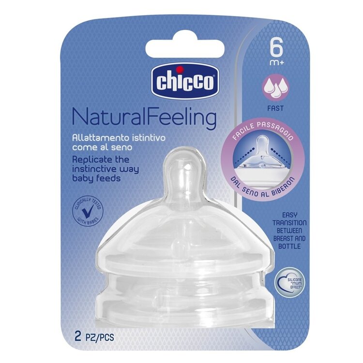 CHICCO Cumlík na fľašu Natural Feeling silikón rýchly prietok 6m+ 2 ks