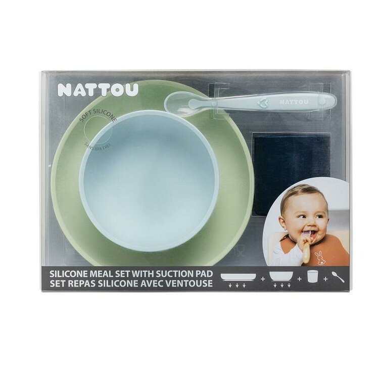 NATTOU Set jedálenský silikonový 4 ks zeleno-modrý bez BPA